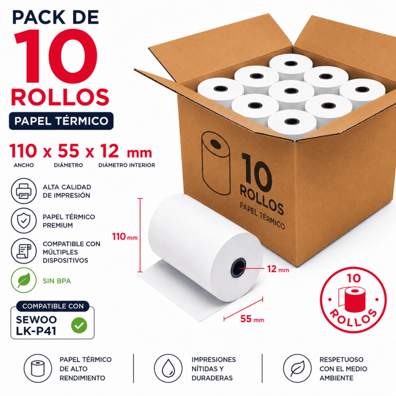 Pack 10 Rollos Papel Térmico 110x55x12 compatible impresoras portátiles
