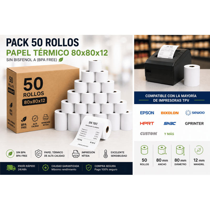 Pack 50 rollos papel térmico 80x80x12 sin BPA para TPV