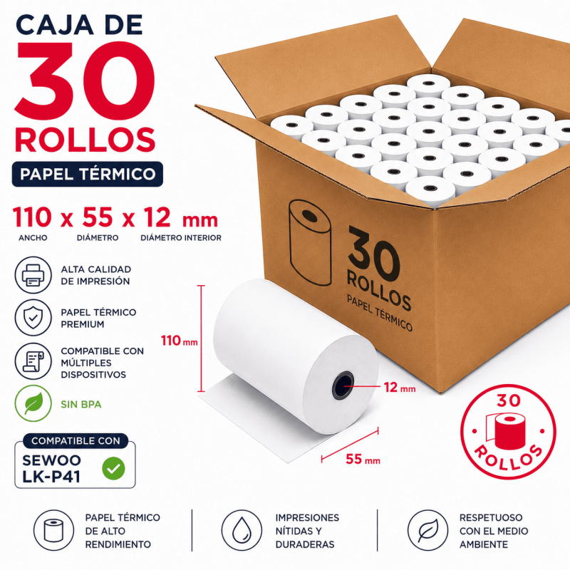 Caja de 30 rollos de papel térmico 110x50x12
